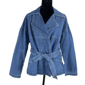Chrysanthemum Denim Jean Jacket Women S Blue Pockets Button Down Tie Belt NWT